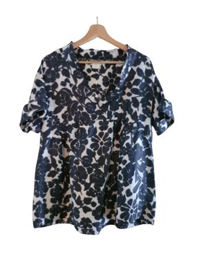 Jigsaw V Neck Floral Cuff Sleeve Tunic Blouse Navy White Umpire Silk Linen